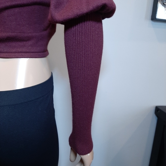 🍁GUESS Layla Puff Sleeve Cropped Sweater Cinch Drawstring Front Ribbed Pullover - Picture 11 of 14